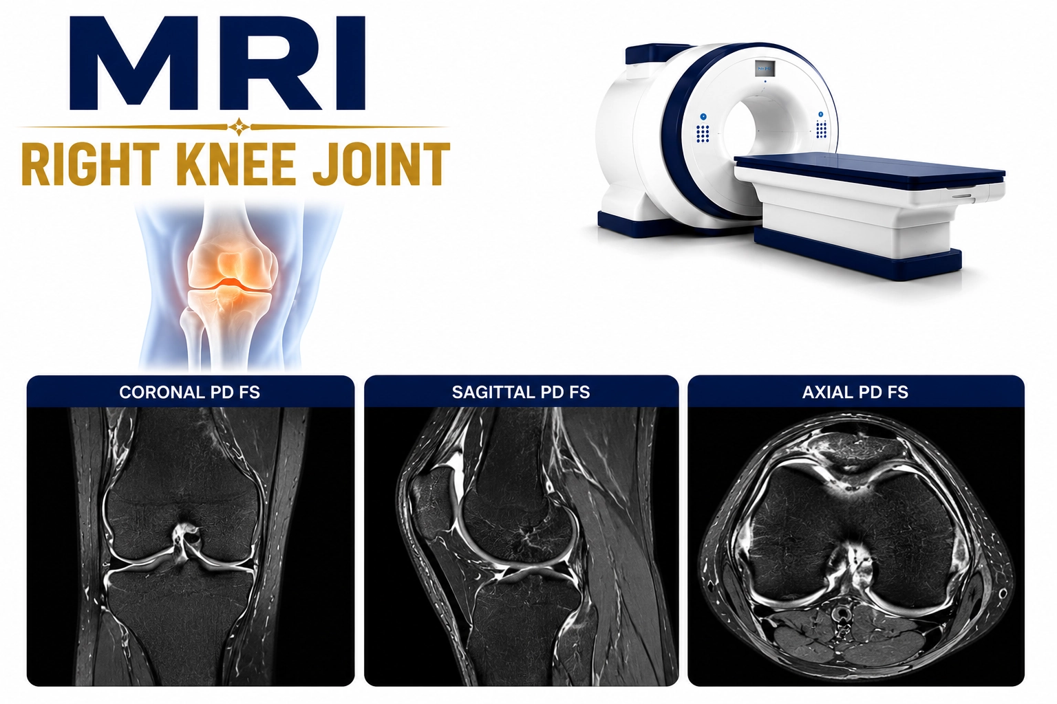 MRI Right Knee Joint scan for evaluation of ligament injuries, meniscus tears, cartilage damage, arthritis, fractures, and knee pain at Focus Diagnostics