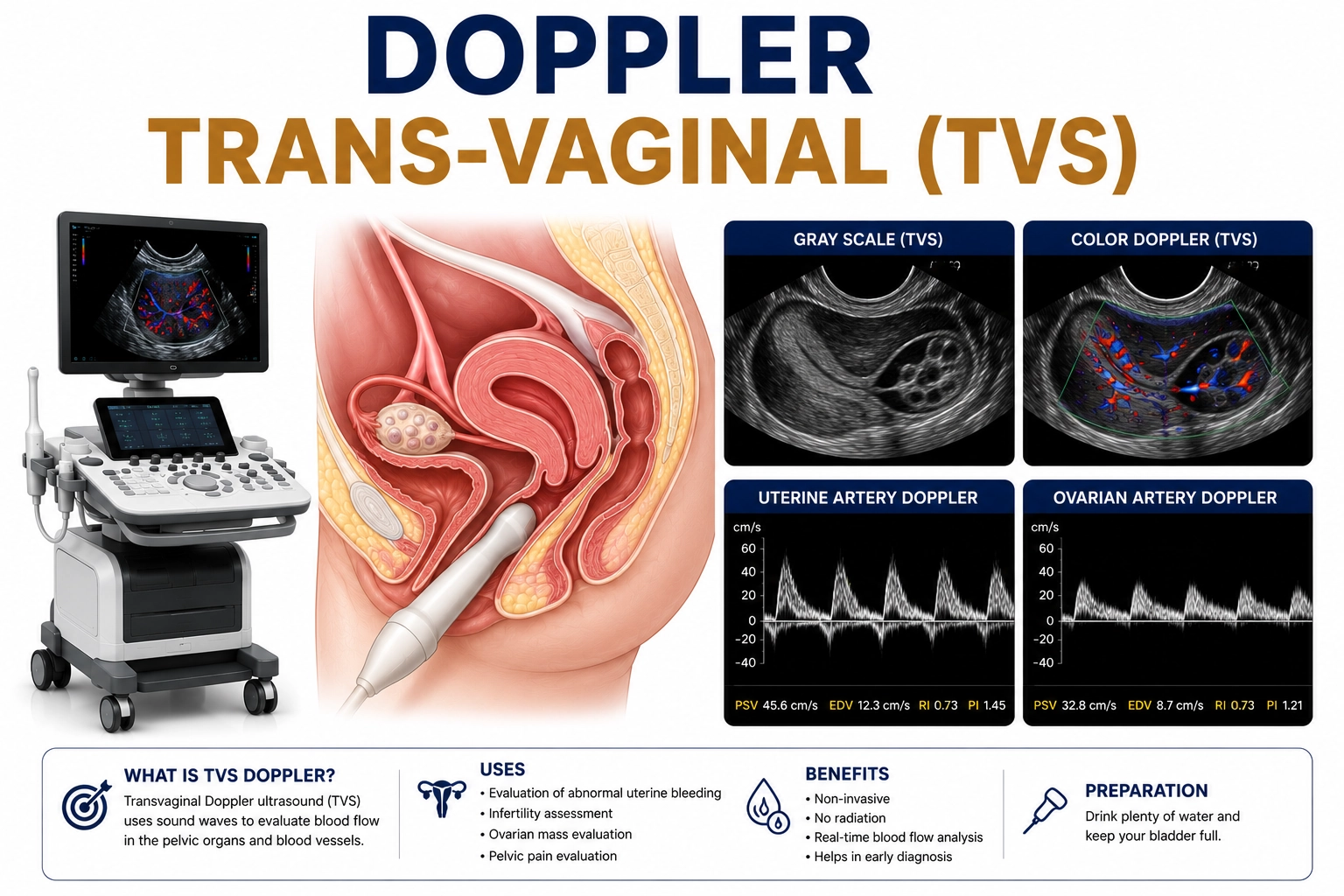 Transvaginal Doppler ultrasound for evaluation of uterine blood flow, ovarian circulation, fertility assessment, and pelvic vascular disorders at Focus Diagnostics