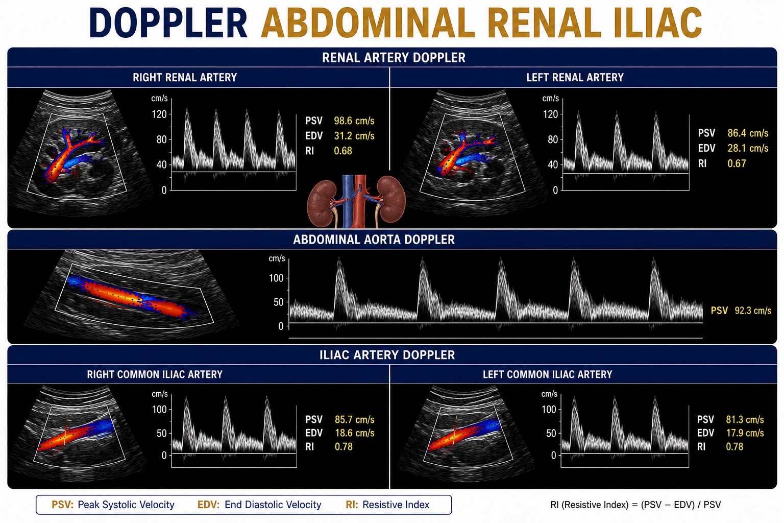Doppler Abdominal Renal Iliac ultrasound for evaluation of abdominal, renal and iliac artery blood flow, vascular narrowing, and circulation disorders at Focus Diagnostics