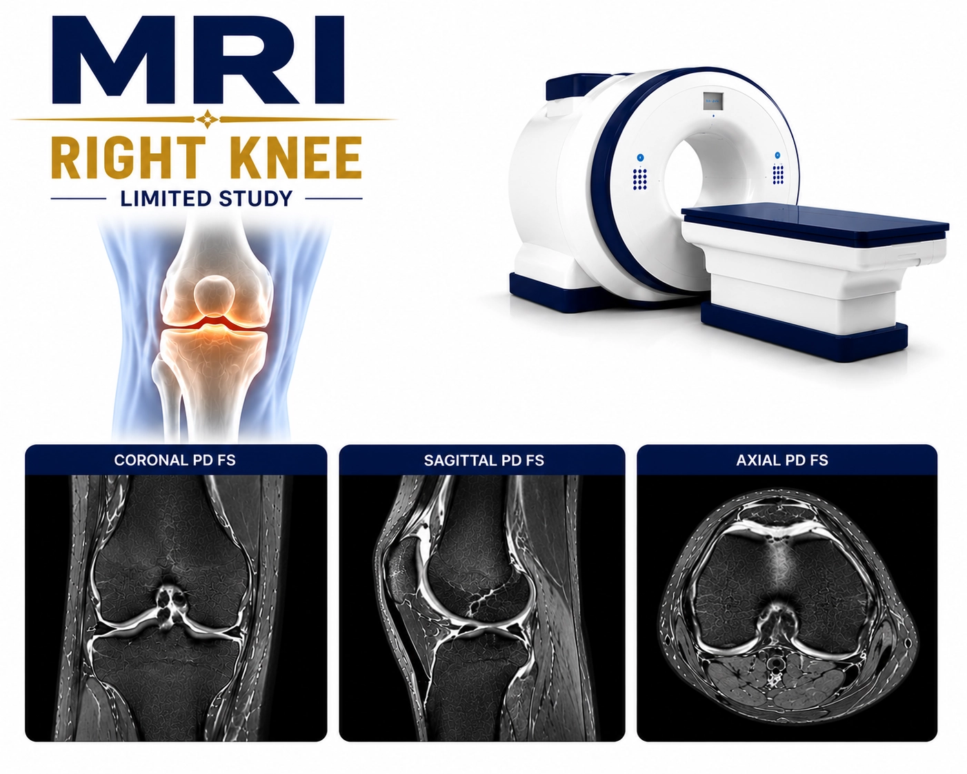 MRI Right Knee Limited Study scan for focused evaluation of ligament injuries, meniscus tears, cartilage damage, arthritis, fractures, and knee pain at Focus Diagnostics