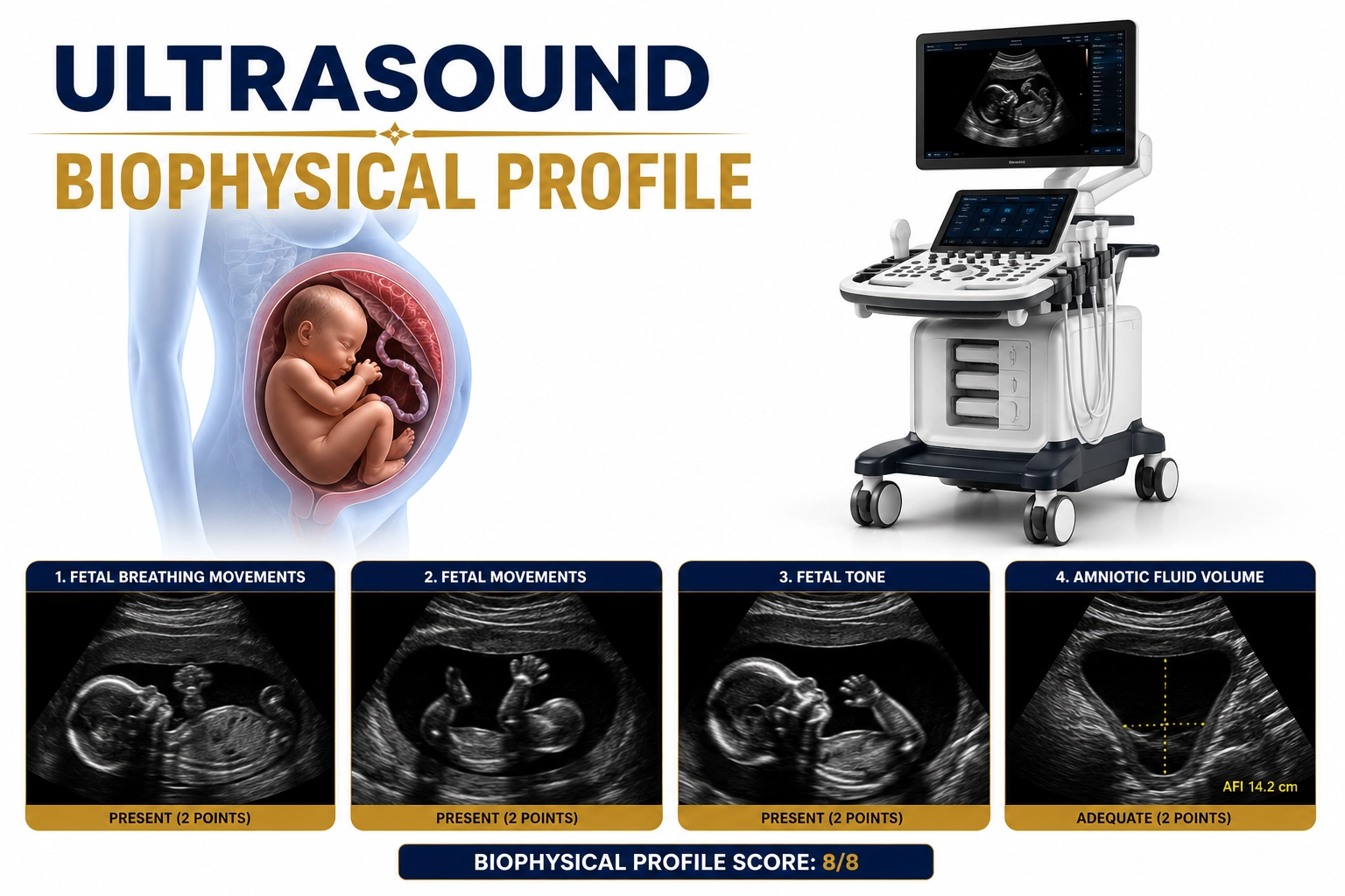 Ultrasound Biophysical Profile scan for fetal well-being assessment, fetal movements, breathing, muscle tone, amniotic fluid evaluation, and high-risk pregnancy monitoring at Focus Diagnostics