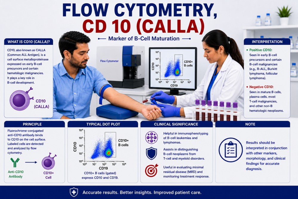 Flow Cytometry CD10 (CALLA) test showing immunophenotyping analysis for leukemia, lymphoma, and hematological malignancy diagnosis