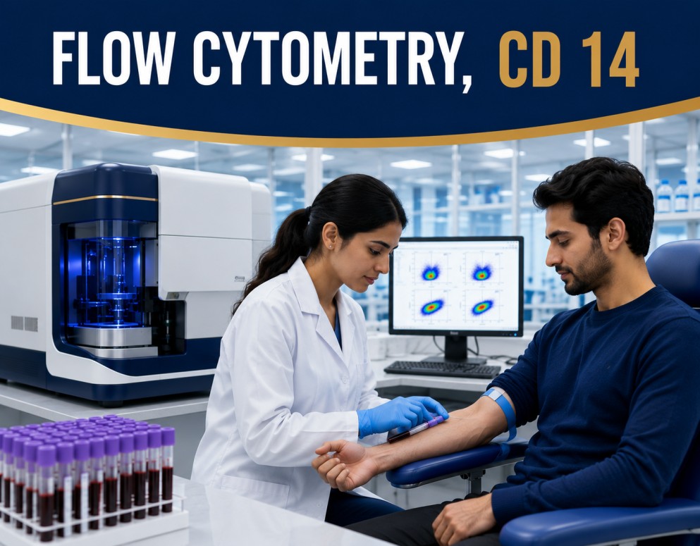 Flow Cytometry CD14 test showing monocyte immunophenotyping analysis for leukemia diagnosis, myeloid disorders, and bone marrow disease evaluation