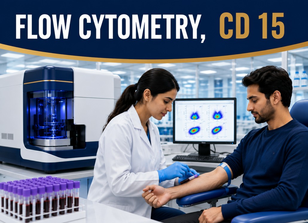 Flow Cytometry CD15 test showing granulocyte and myeloid cell immunophenotyping for leukemia diagnosis and bone marrow disorder evaluation
