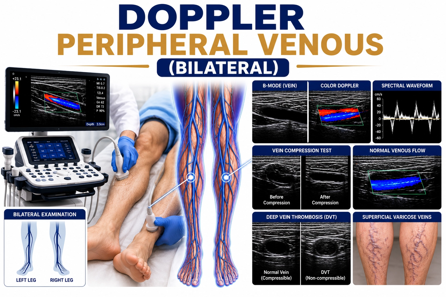Doppler Peripheral Venous Bilateral ultrasound for evaluation of venous blood flow, deep vein thrombosis, varicose veins, and venous circulation disorders in both limbs at Focus Diagnostics