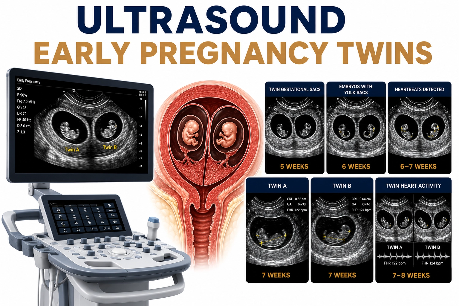Ultrasound Early Pregnancy Twins scan for confirmation of twin pregnancy, fetal heartbeat assessment, gestational age evaluation, and early twin fetal development monitoring at Focus Diagnostics