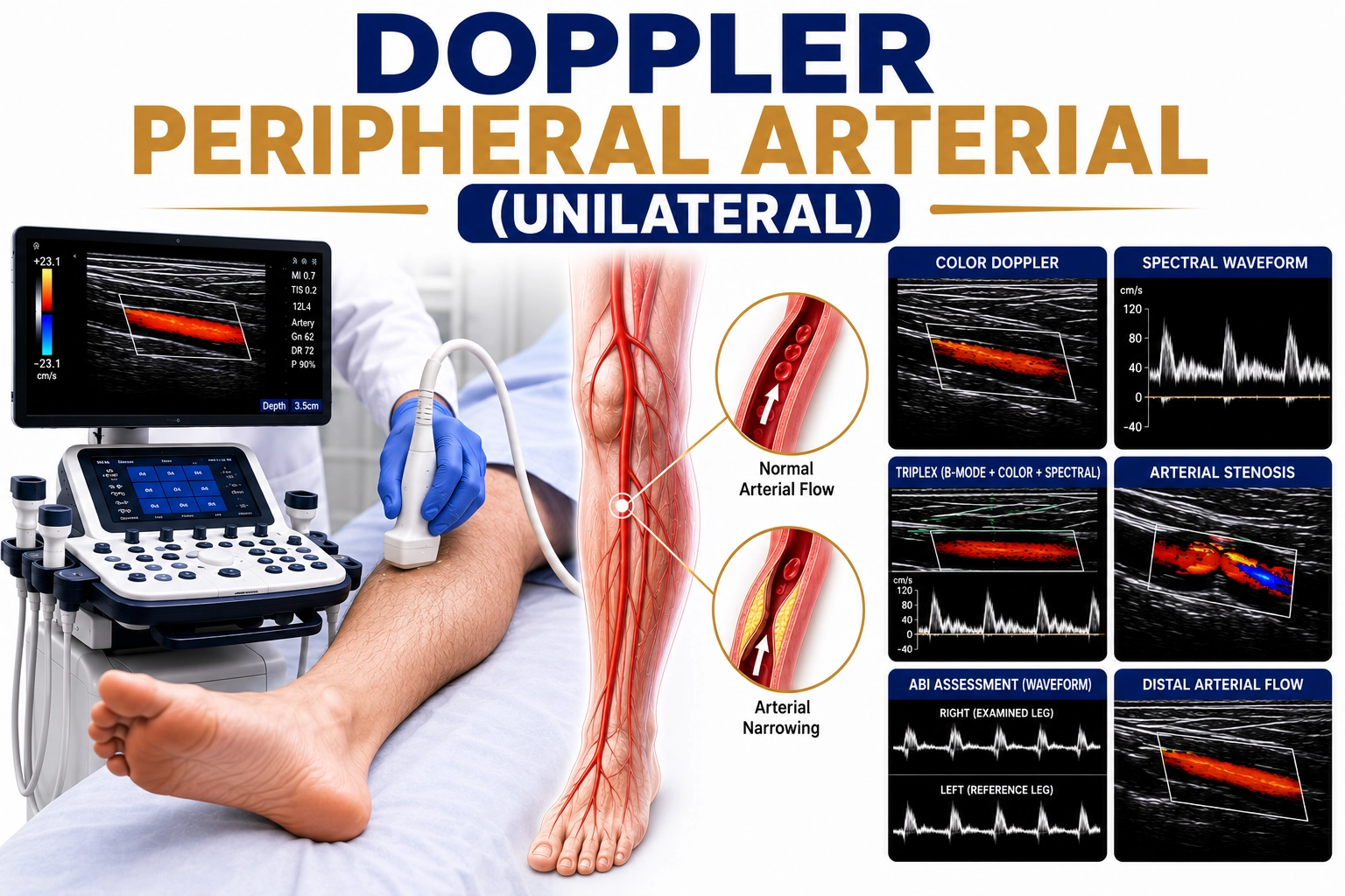 Doppler Peripheral Arterial Unilateral ultrasound for evaluation of arterial blood flow, vascular blockages, peripheral arterial disease, and circulation disorders in one limb at Focus Diagnostics
