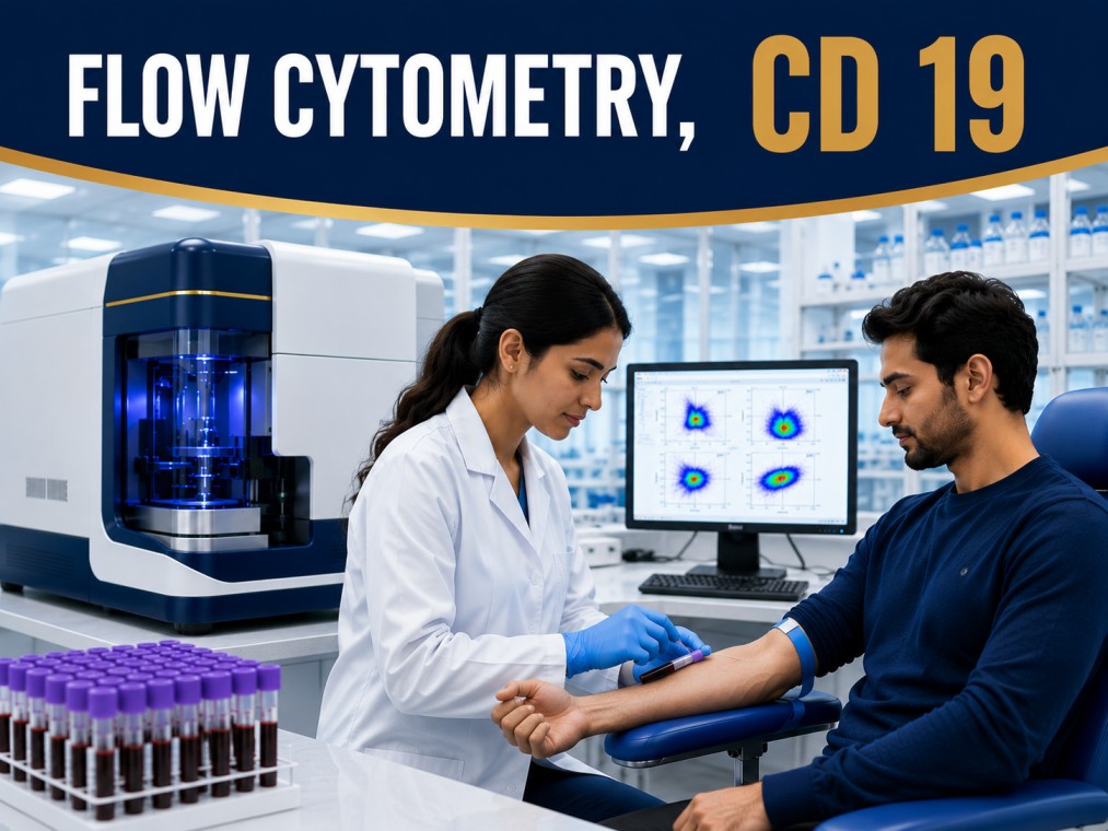 Flow Cytometry CD19 test showing B-cell immunophenotyping analysis for leukemia, lymphoma, immune deficiency evaluation, and hematological diagnosis