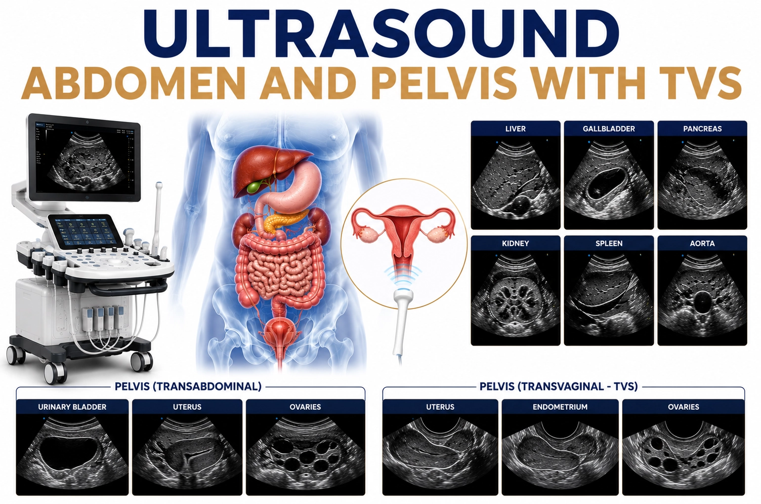 Ultrasound Abdomen and Pelvis with TVS for detailed evaluation of abdominal organs, uterus, ovaries, endometrium, urinary bladder, and female pelvic health at Focus Diagnostics