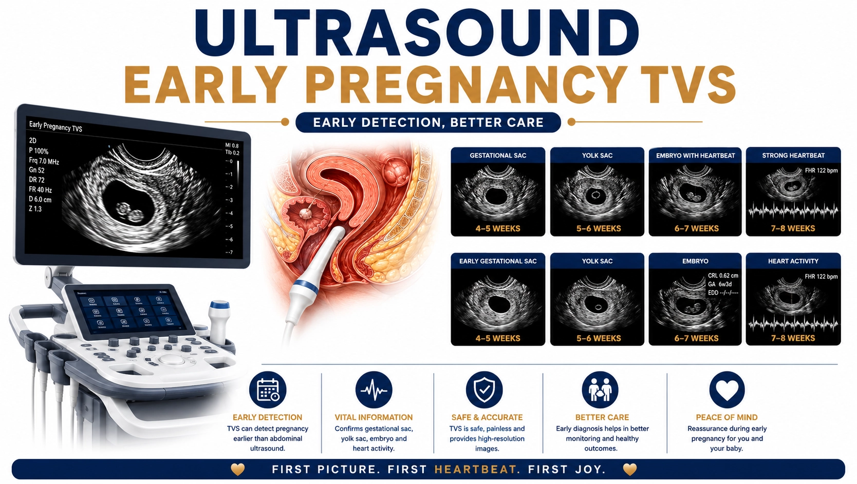 Ultrasound Early Pregnancy TVS scan for confirmation of pregnancy, fetal heartbeat assessment, gestational age evaluation, and early pregnancy monitoring using transvaginal sonography at Focus Diagnostics