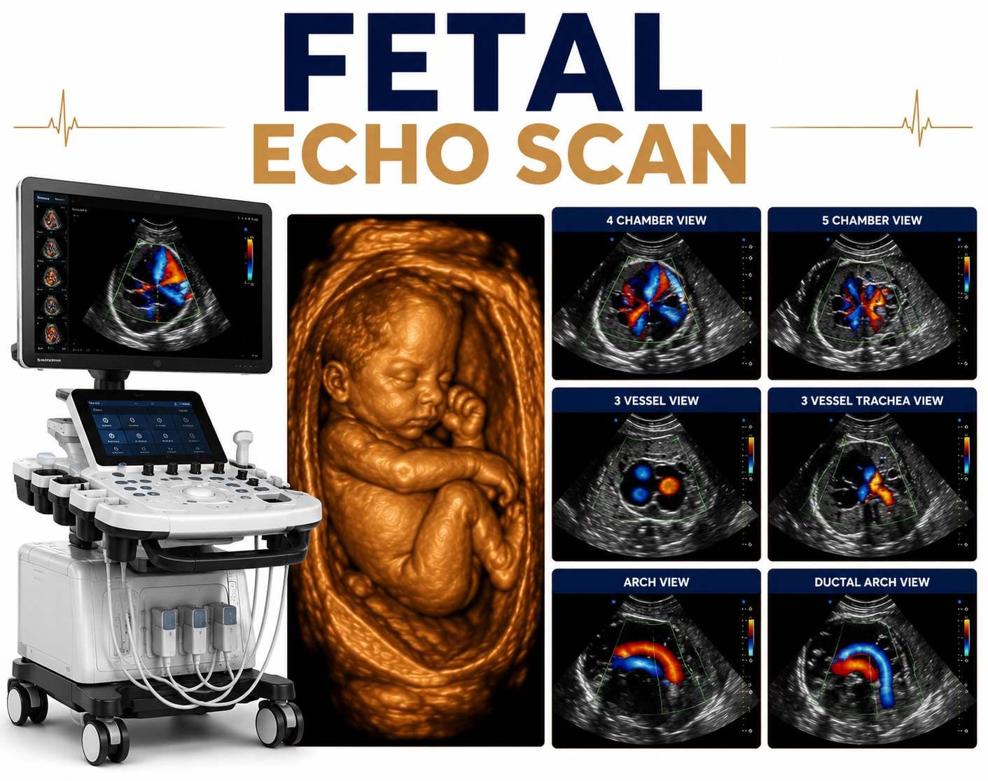 Fetal Echo Scan for detailed assessment of fetal heart structure, blood flow, congenital heart defects, and prenatal cardiac evaluation at Focus Diagnostics