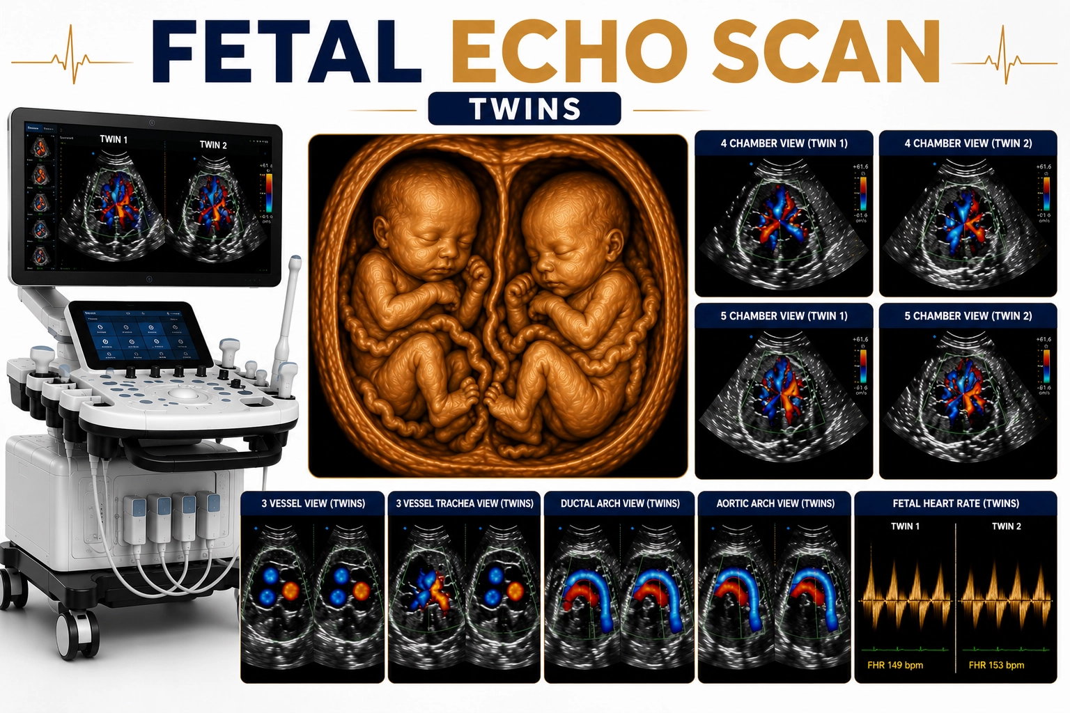 Fetal Echo Scan Twins for detailed assessment of both babies' heart structure, blood flow, congenital heart defects, and prenatal cardiac evaluation during twin pregnancy at Focus Diagnostics
