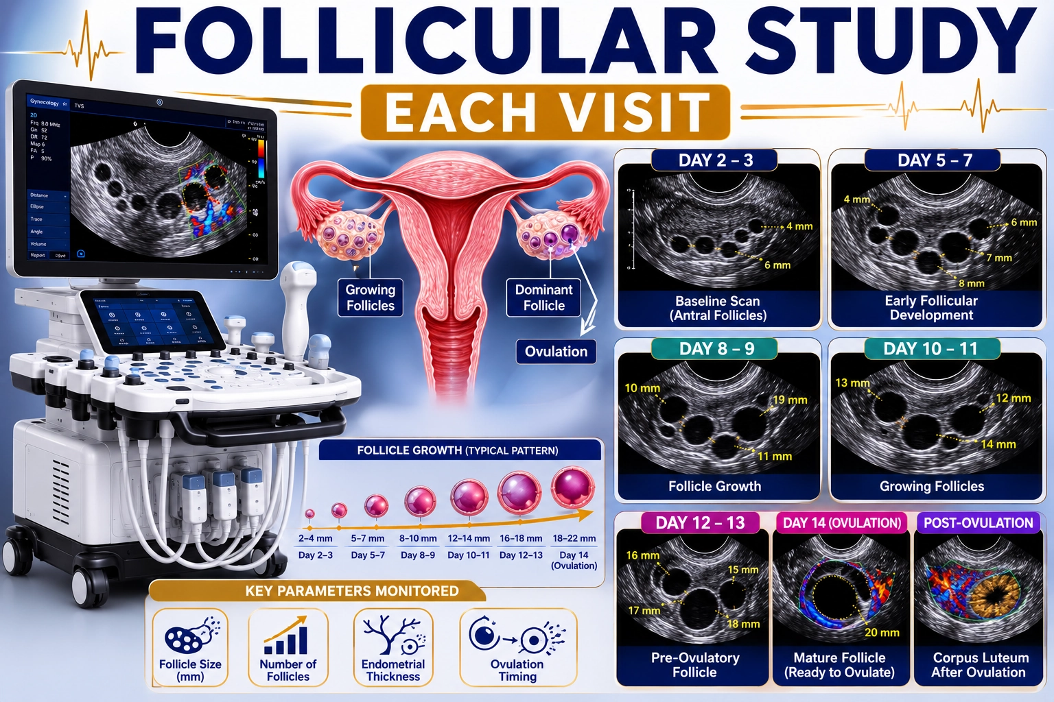 Follicular Study Each Visit ultrasound for monitoring ovarian follicle growth, ovulation tracking, fertility treatment response, and reproductive health assessment at Focus Diagnostics