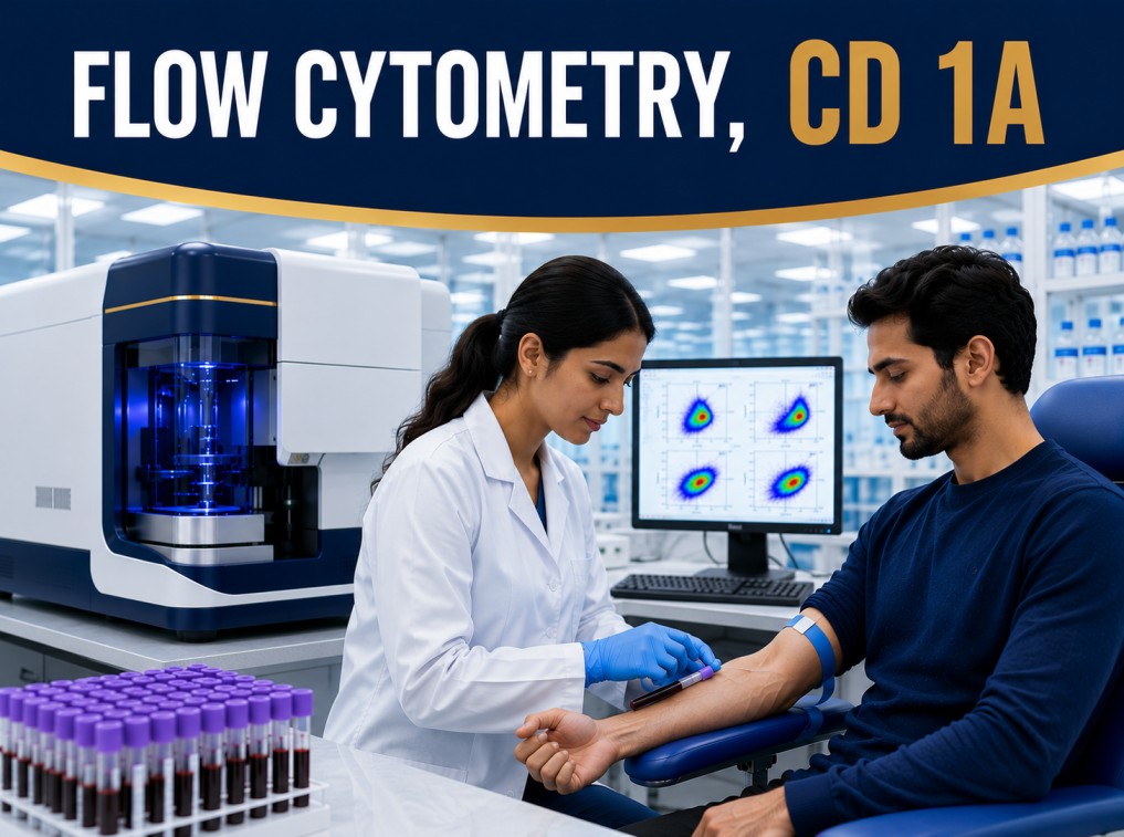 Flow Cytometry CD1a test showing immunophenotyping analysis for T-cell leukemia, Langerhans Cell Histiocytosis, and hematological malignancy evaluation