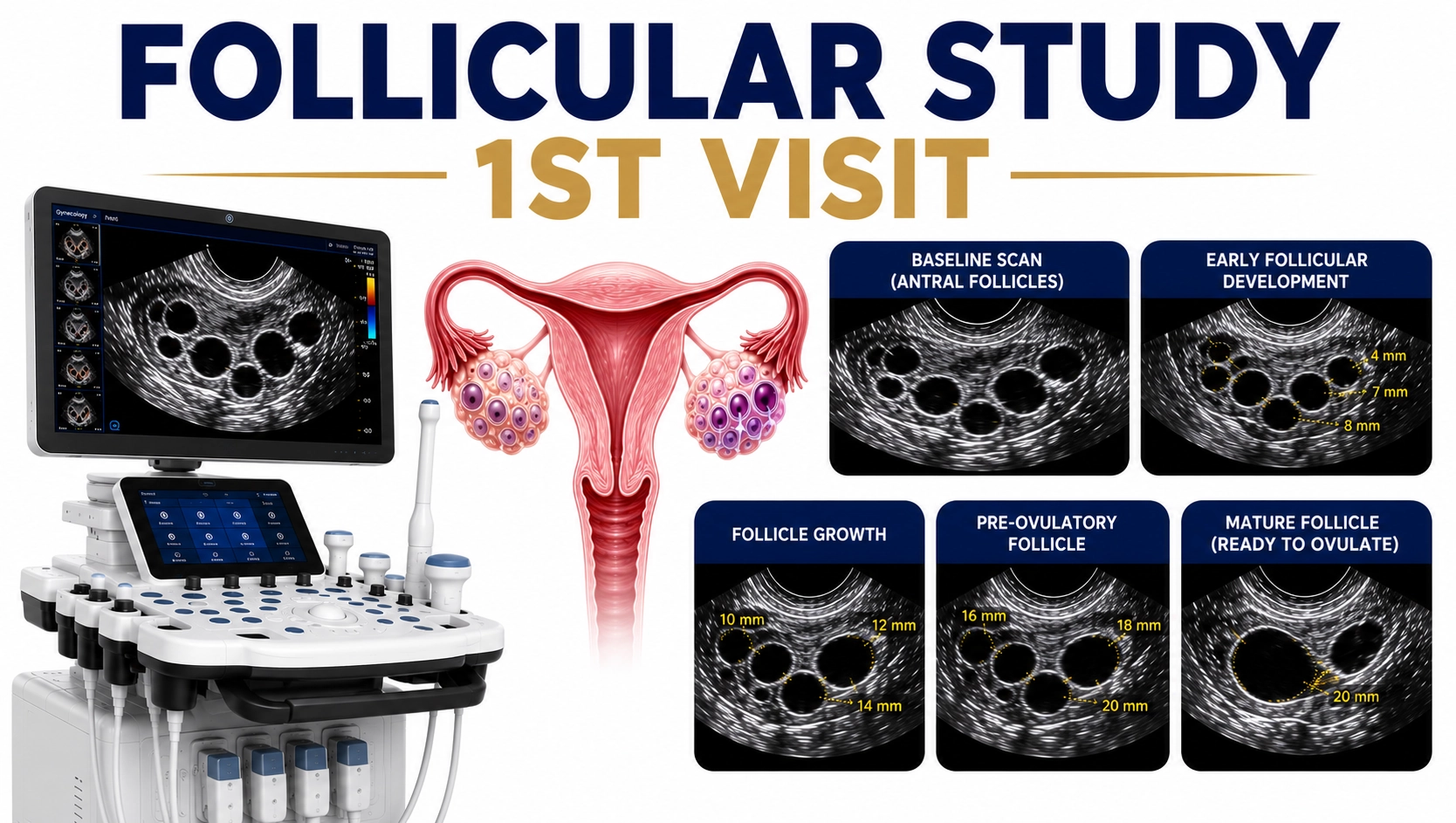 Follicular Study First Visit ultrasound for monitoring ovarian follicles, ovulation tracking, fertility assessment, and reproductive health evaluation at Focus Diagnostics