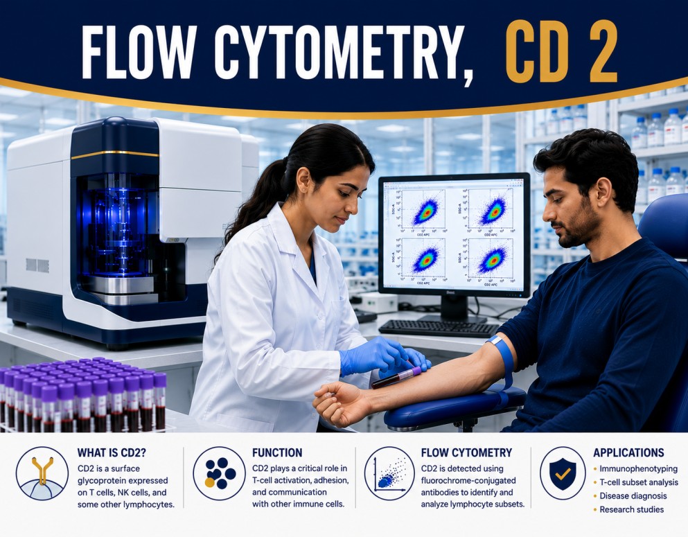 Flow Cytometry CD2 test showing T-cell and NK-cell immunophenotyping analysis for leukemia, lymphoma, and immune disorder evaluation