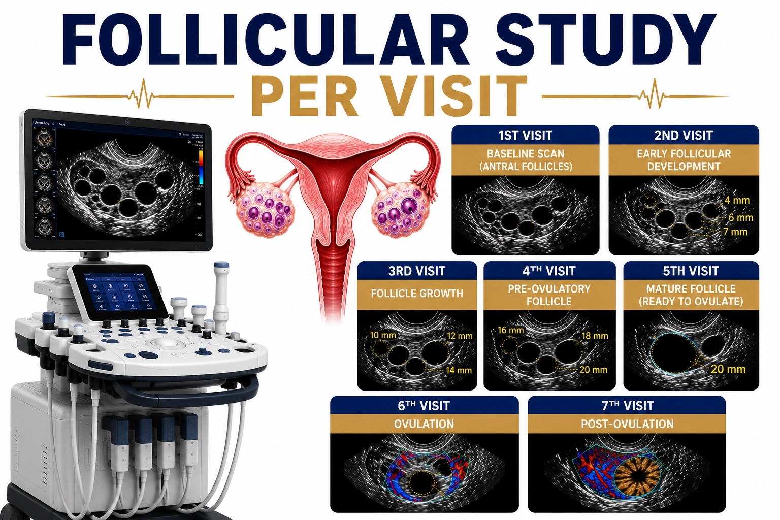 Follicular Study Per Visit ultrasound for monitoring ovarian follicle growth, ovulation progression, fertility treatment response, and reproductive health assessment at Focus Diagnostics