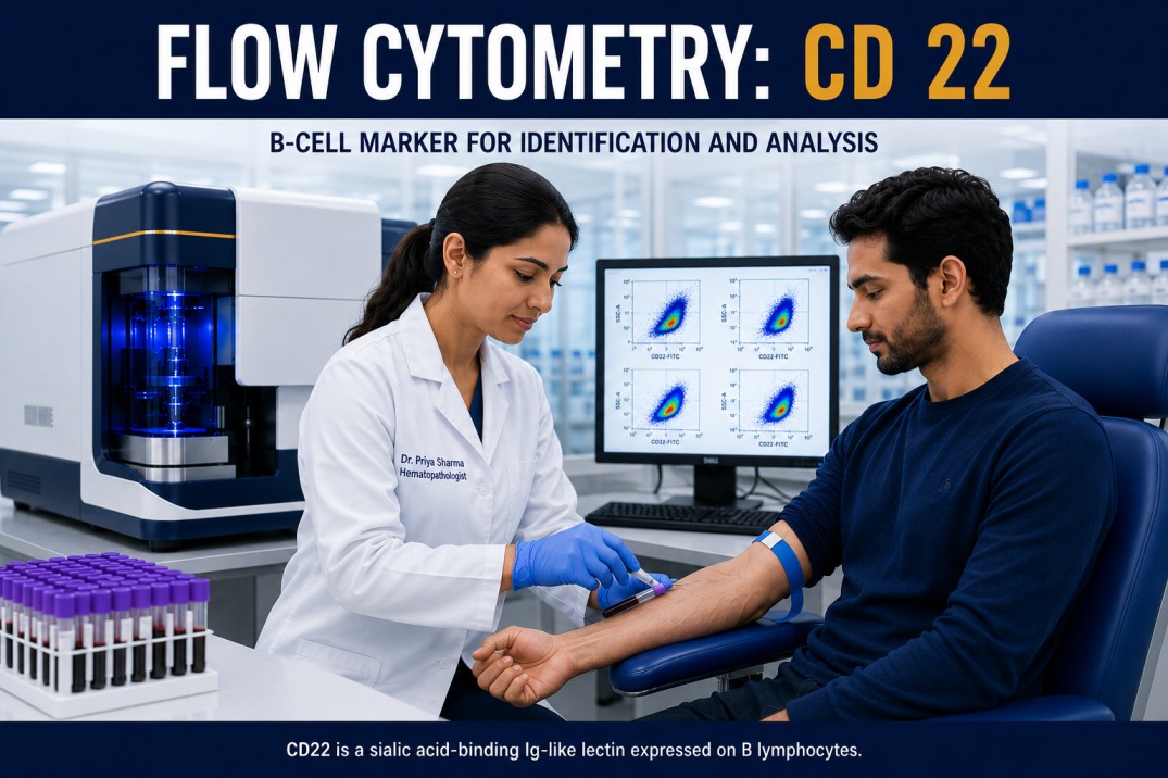 Flow Cytometry CD22 test showing B-cell immunophenotyping analysis for leukemia, lymphoma, and hematological disorder diagnosis