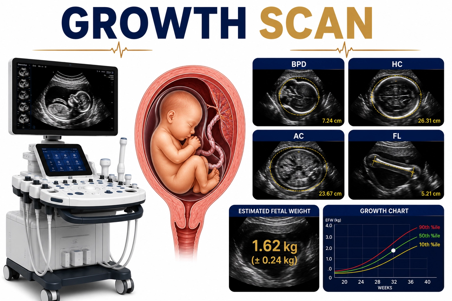 Growth Scan ultrasound for monitoring fetal growth, baby development, amniotic fluid levels, placental health, and overall pregnancy well-being at Focus Diagnostics