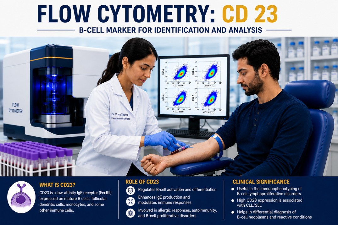 Flow Cytometry CD23 test showing B-cell immunophenotyping analysis for Chronic Lymphocytic Leukemia, lymphoma, and lymphoproliferative disorder diagnosis