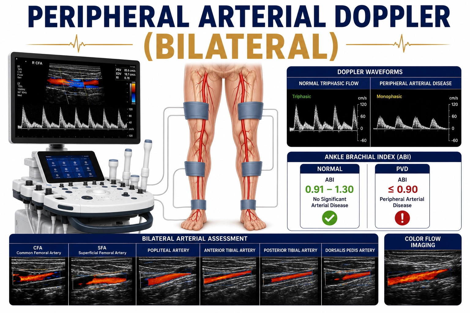 Peripheral Arterial Doppler Bilateral ultrasound for evaluation of arterial blood flow, peripheral arterial disease, vascular blockages, and circulation disorders in both limbs at Focus Diagnostics