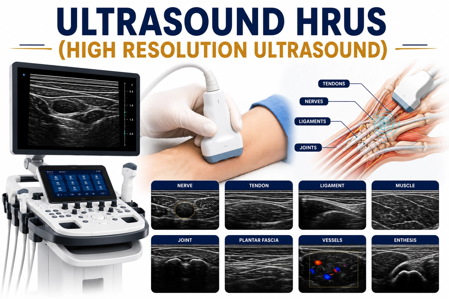 High Resolution Ultrasound (HRUS) scan for detailed evaluation of soft tissues, nerves, tendons, muscles, lymph nodes, thyroid, and superficial structures at Focus Diagnostics