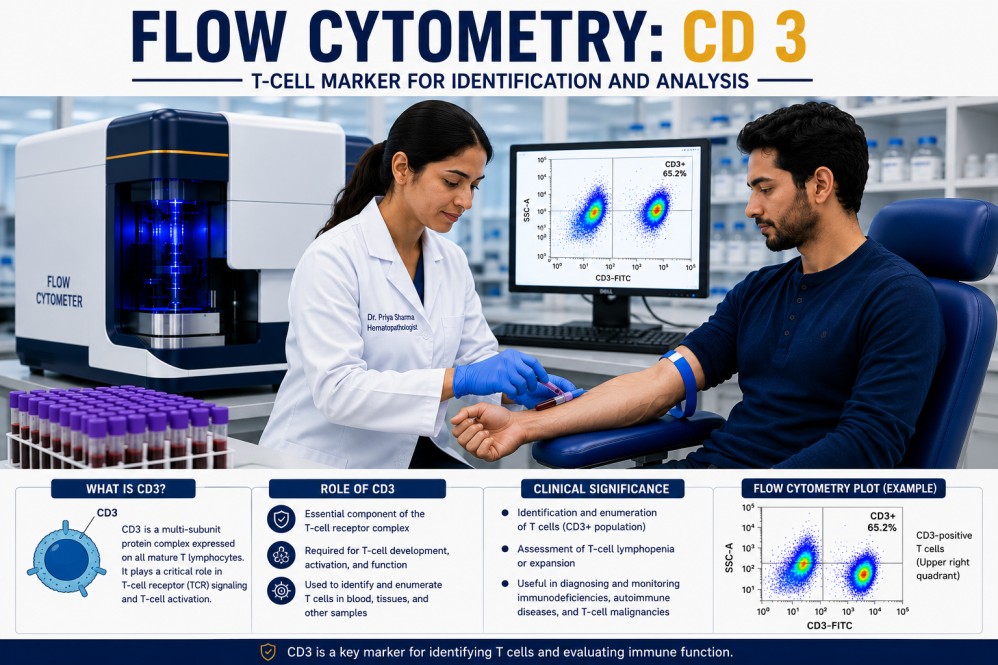 Flow Cytometry CD3 test showing T-cell immunophenotyping analysis for leukemia, lymphoma, immune deficiency evaluation, and lymphocyte subset testing