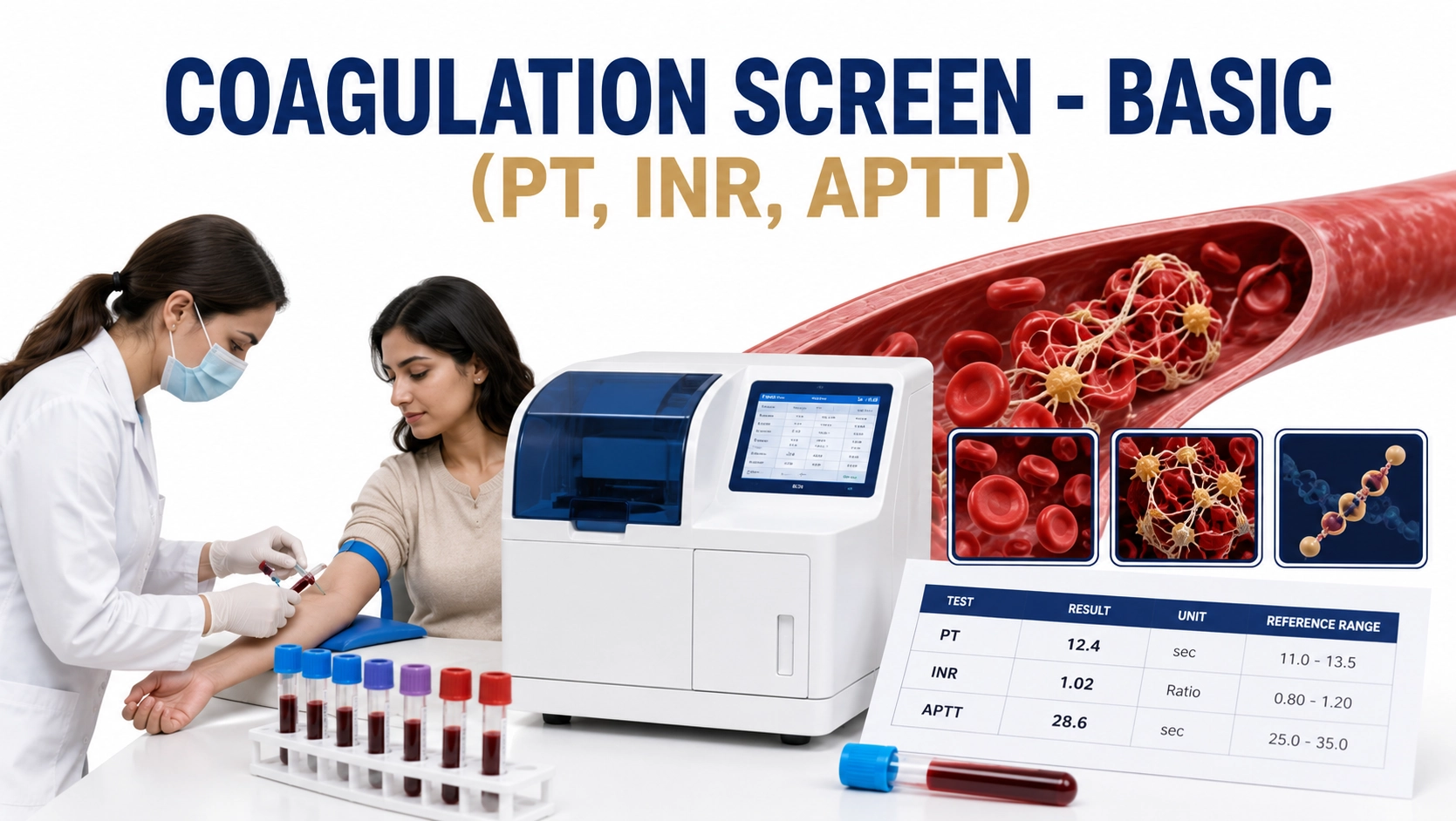Coagulation screen blood test showing PT INR APTT evaluation for blood clotting disorders and pre-surgical assessment