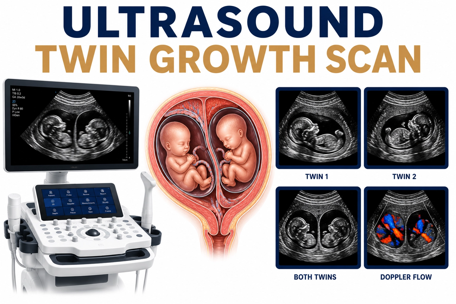 Ultrasound Twin Growth Scan for assessment of twin fetal growth, fetal well-being, amniotic fluid evaluation, and monitoring of twin pregnancies at Focus Diagnostics