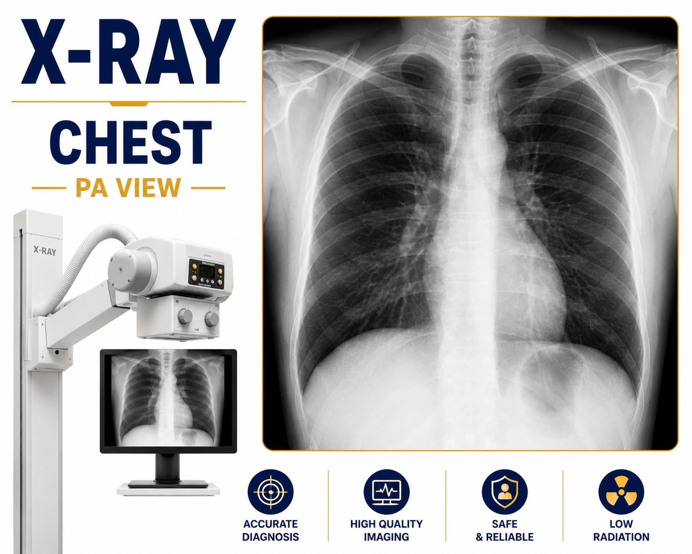 X-Ray Chest PA View for evaluation of lungs, heart, chest infections, respiratory diseases, and thoracic abnormalities at Focus Diagnostics