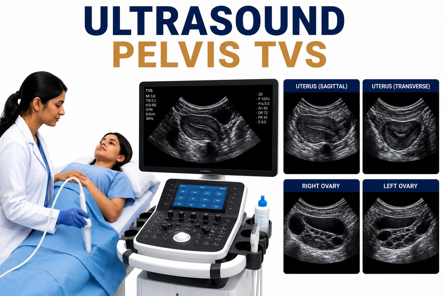 Ultrasound Pelvis TVS scan for detailed evaluation of uterus, ovaries, endometrium, cervix, infertility assessment, and gynecological disorders at Focus Diagnostics