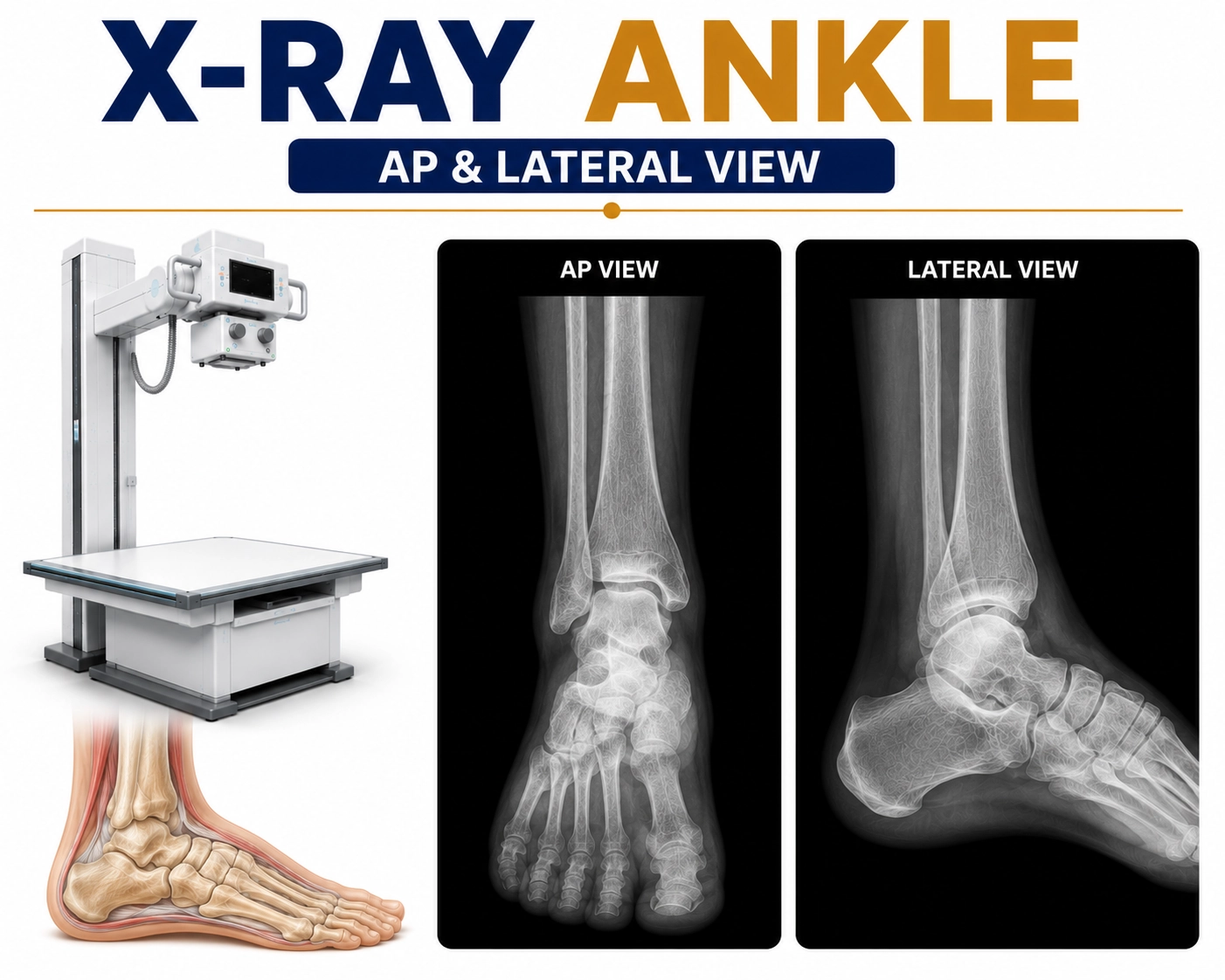 X-Ray Ankle AP and Lateral View for evaluation of ankle fractures, dislocations, arthritis, swelling, and joint abnormalities at Focus Diagnostics