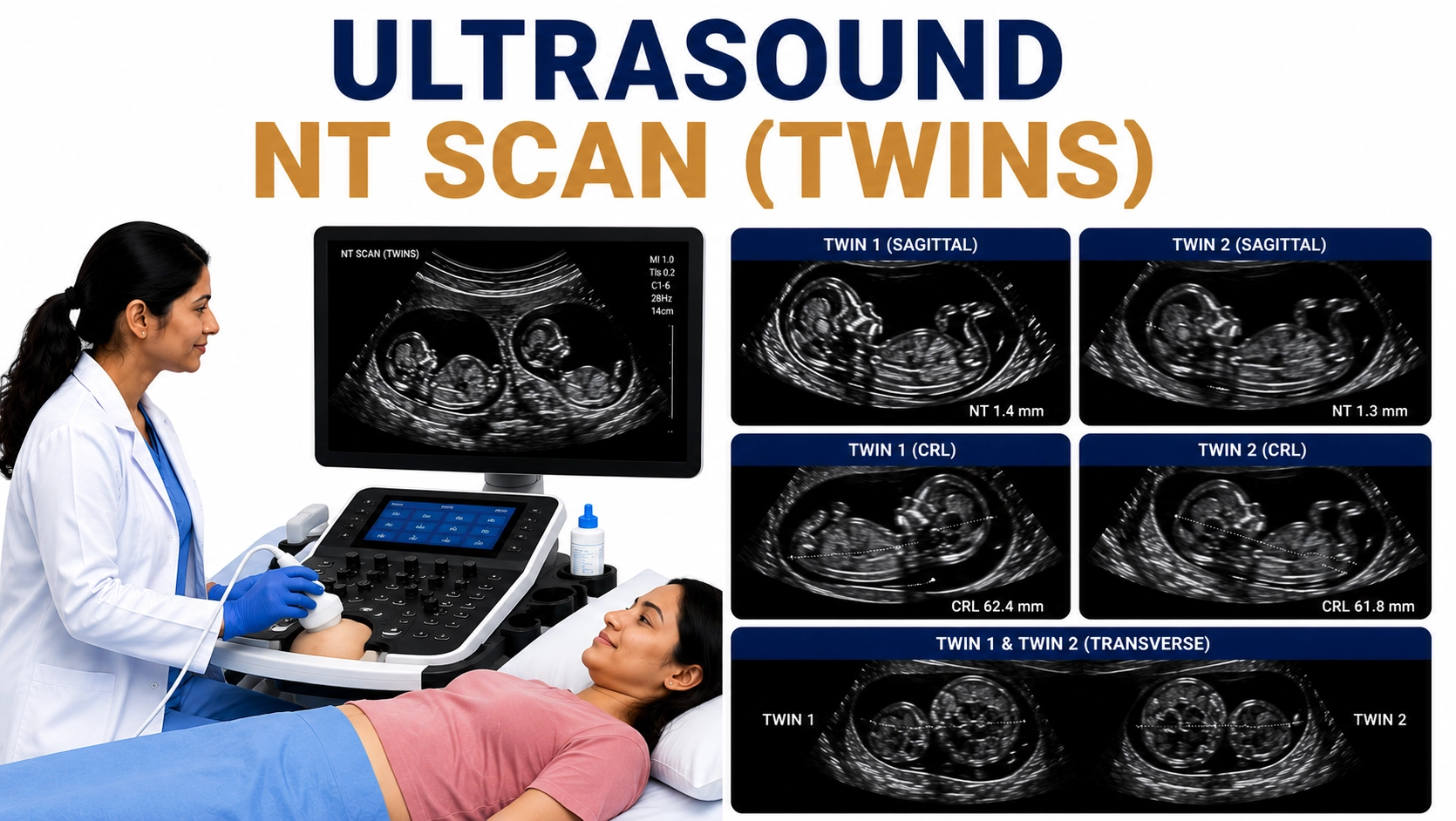 Ultrasound NT Scan Twins for nuchal translucency measurement, twin fetal screening, chromosomal abnormality risk assessment, and first trimester twin pregnancy evaluation at Focus Diagnostics
