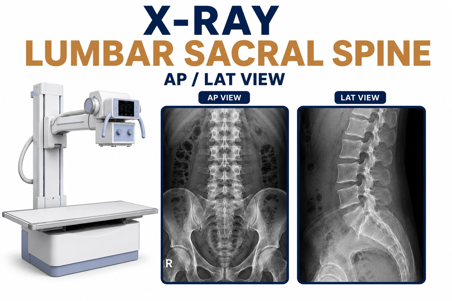 X-Ray Lumbar Sacral AP Lateral View for evaluation of lower back pain, lumbar spine disorders, fractures, arthritis, and spinal abnormalities at Focus Diagnostics