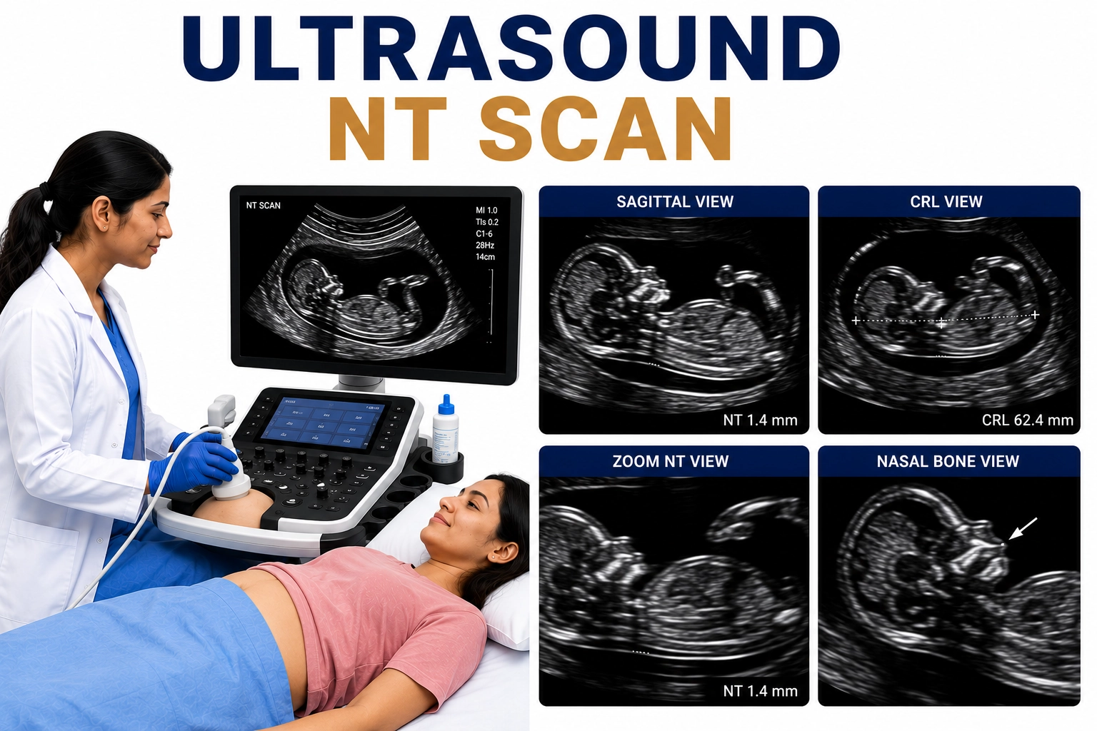 Ultrasound NT Scan for nuchal translucency measurement, early fetal screening, chromosomal abnormality risk assessment, and first trimester pregnancy evaluation at Focus Diagnostics