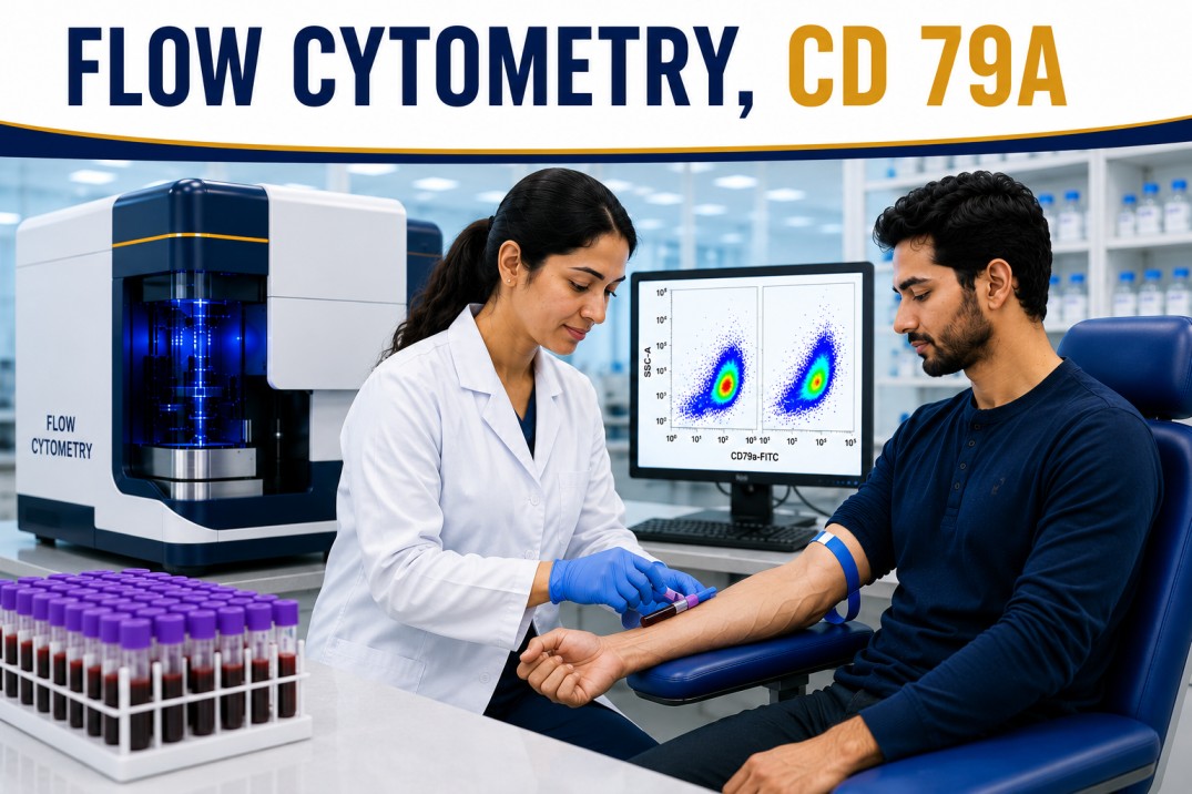 Flow Cytometry CD79a test showing B-cell lineage immunophenotyping analysis for leukemia, lymphoma, and hematological malignancy diagnosis
