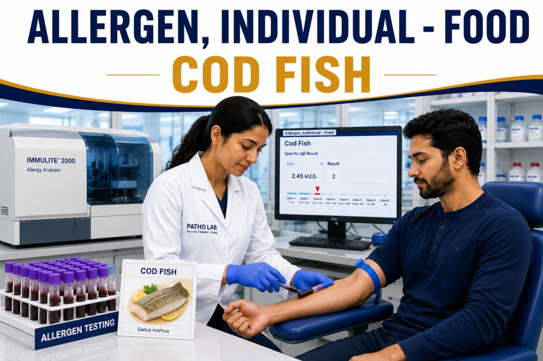 Cod fish allergy test showing specific IgE antibody analysis for cod fish sensitization, seafood allergy diagnosis, and food allergy evaluation