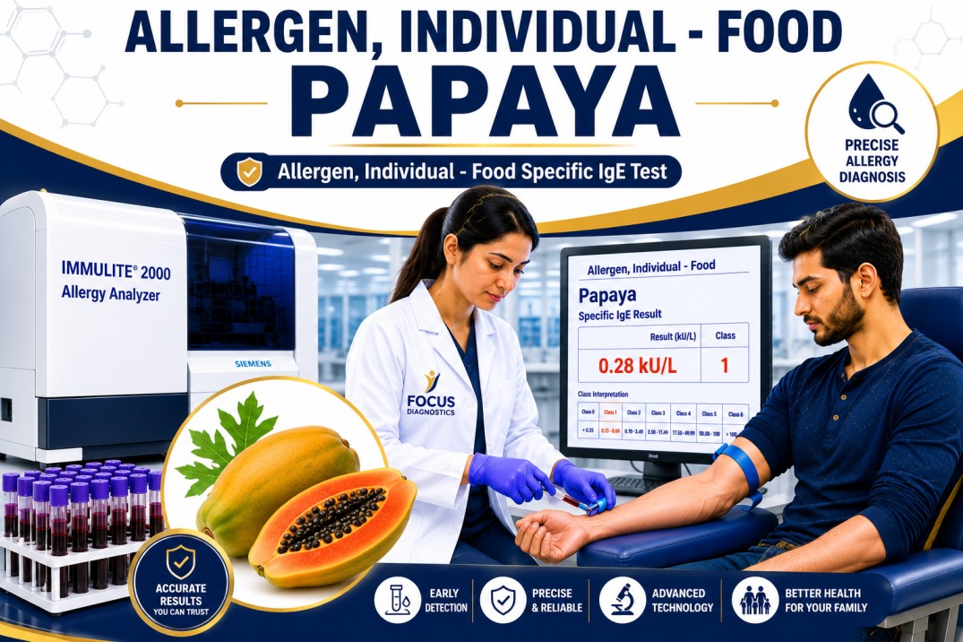 Papaya allergy test showing specific IgE antibody analysis for papaya sensitization, fruit allergy diagnosis, and food allergy evaluation
