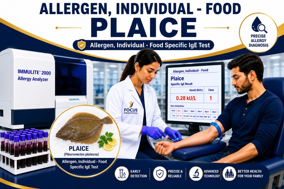 Plaice fish allergy test showing specific IgE antibody analysis for plaice sensitization, fish allergy diagnosis, and seafood allergy evaluation