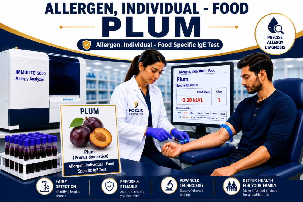 Plum allergy test showing specific IgE antibody analysis for plum sensitization, fruit allergy diagnosis, and food allergy evaluation