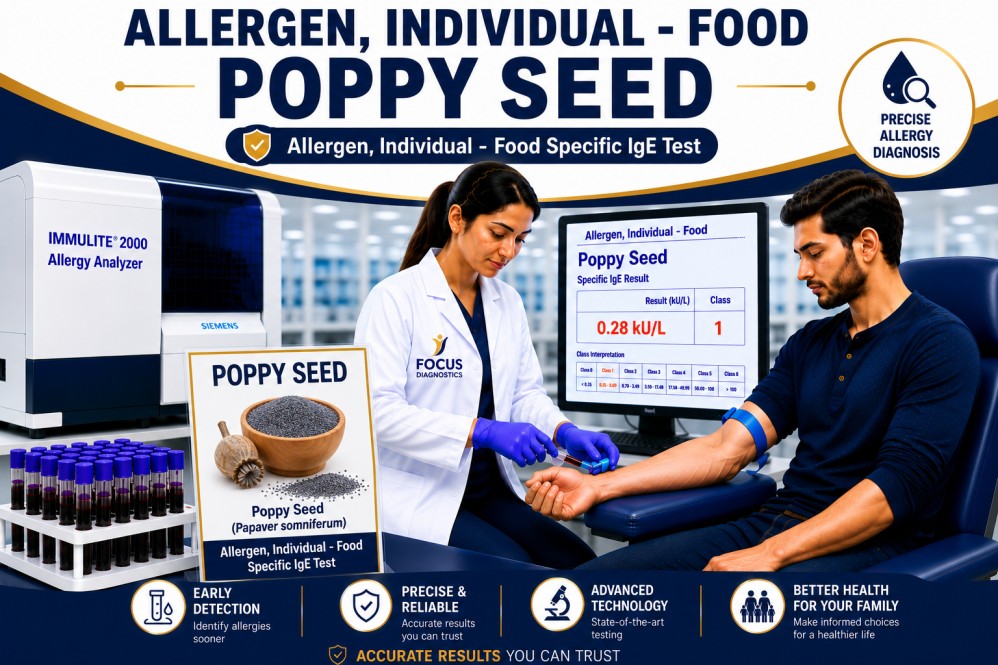 Poppy seed allergy test showing specific IgE antibody analysis for poppy seed sensitization, seed allergy diagnosis, and food allergy evaluation
