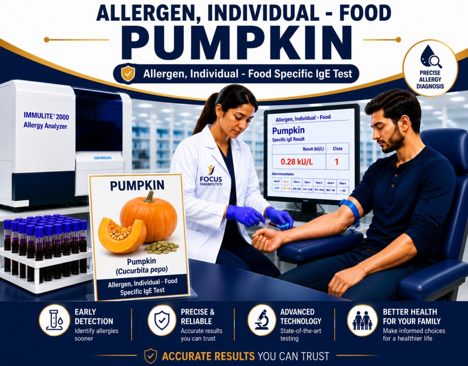 Pumpkin allergy test showing specific IgE antibody analysis for pumpkin sensitization, vegetable allergy diagnosis, and food allergy evaluation