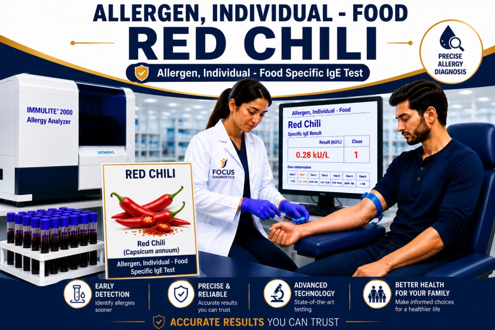 Red chili allergy test showing specific IgE antibody analysis for red chili sensitization, spice allergy diagnosis, and food allergy evaluation