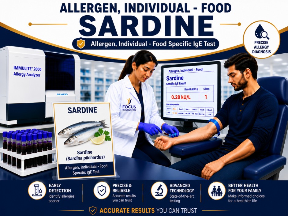 Sardine fish allergy test showing specific IgE antibody analysis for sardine sensitization, fish allergy diagnosis, and seafood allergy evaluation