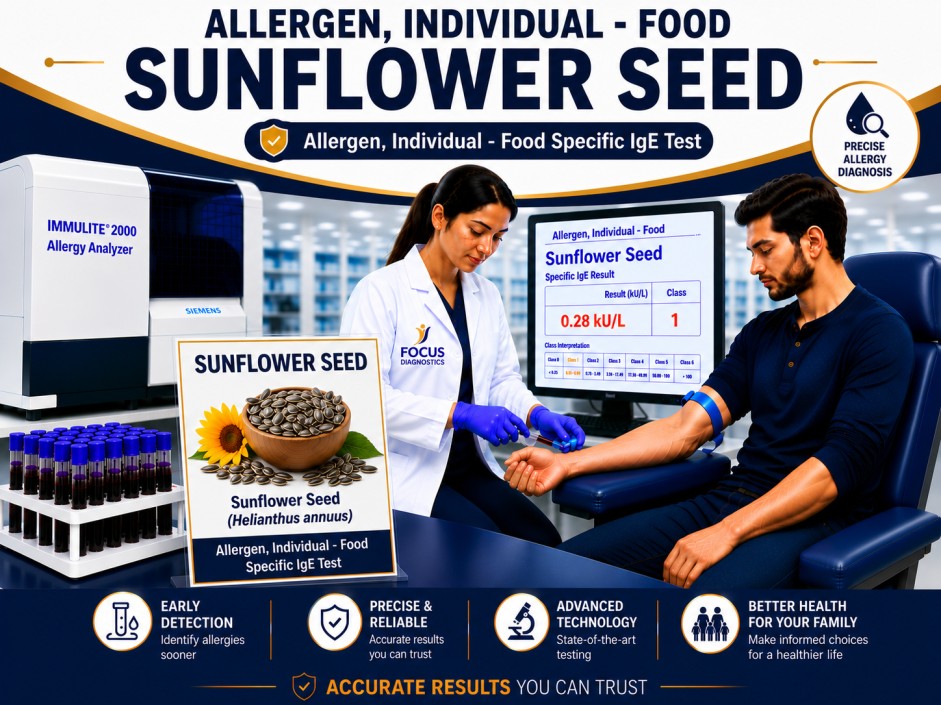 Sunflower seed allergy test showing specific IgE antibody analysis for sunflower seed sensitization, seed allergy diagnosis, and food allergy evaluation