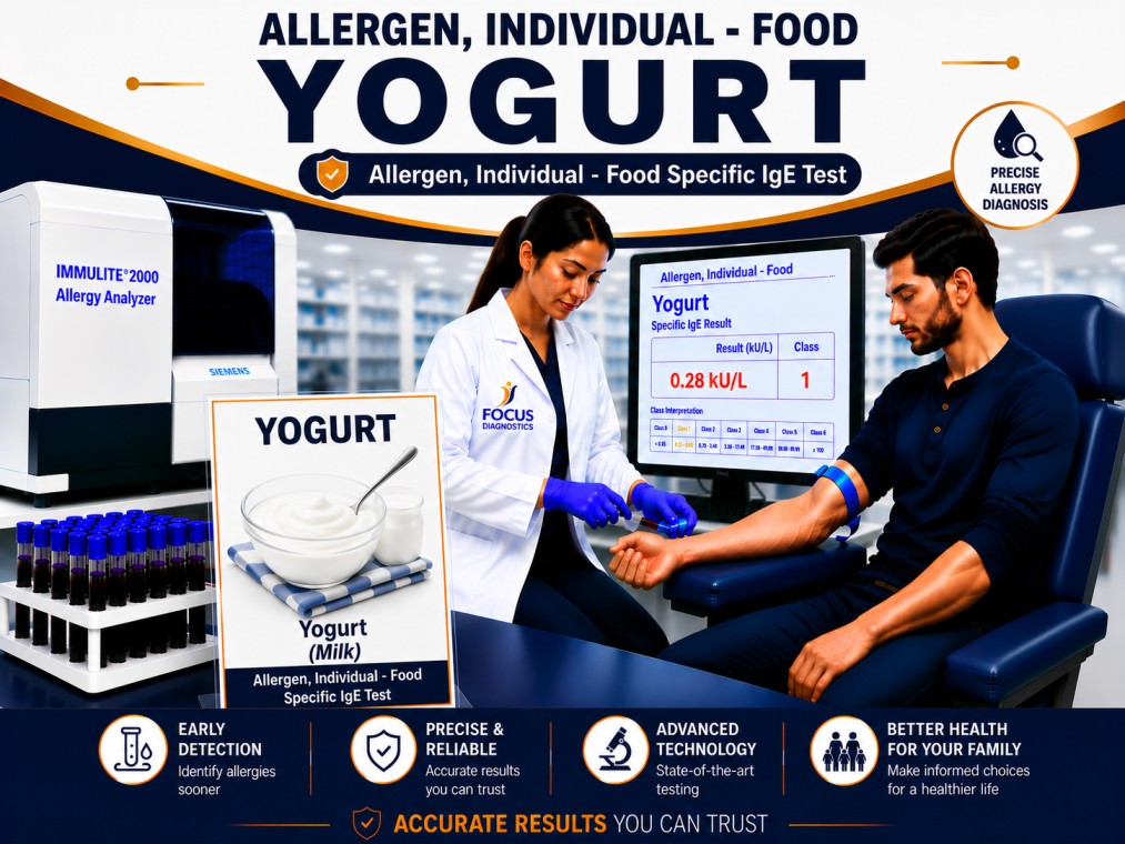 Yogurt allergy test showing specific IgE antibody analysis for yogurt and milk protein sensitization, dairy allergy diagnosis, and food allergy evaluation