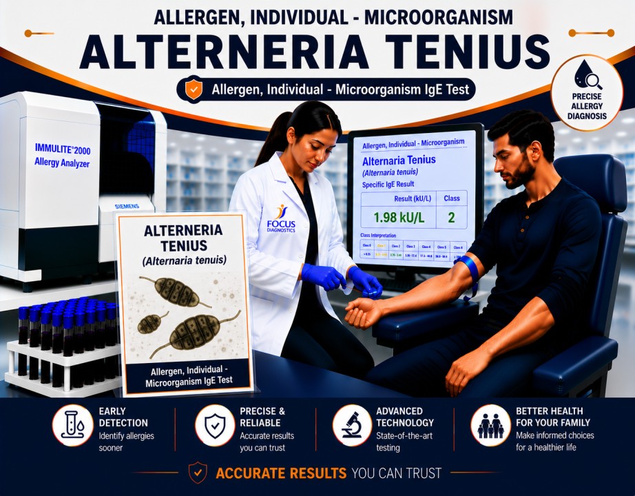 Alternaria mold allergy test showing specific IgE antibody analysis for fungal allergen sensitization, mold allergy diagnosis, and asthma evaluation