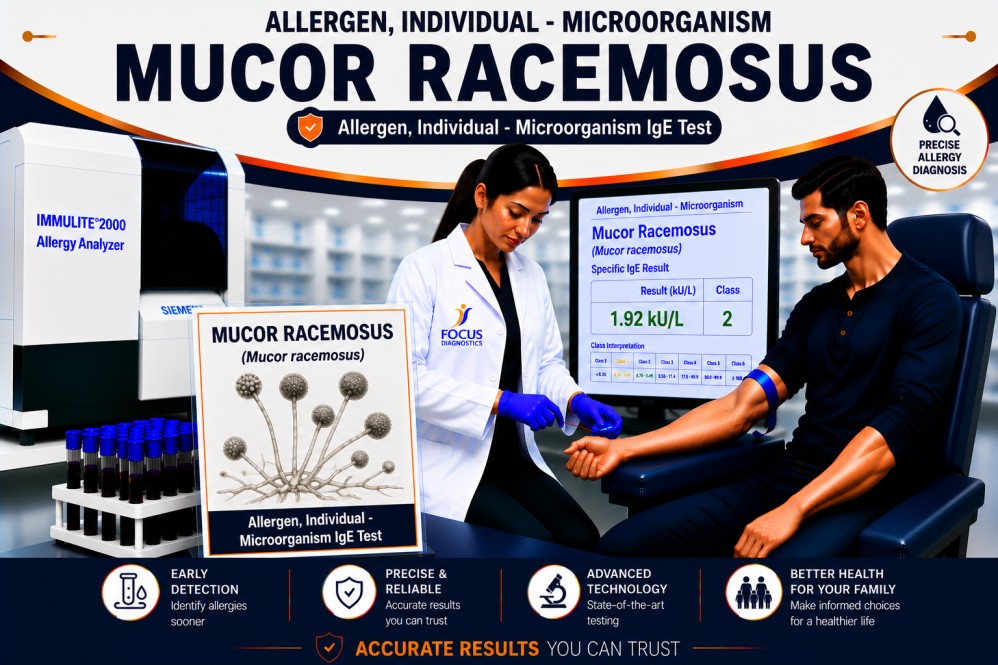 Mucor racemosus mold allergy test showing specific IgE antibody analysis for fungal allergen sensitization, mold allergy diagnosis, and respiratory allergy evaluation
