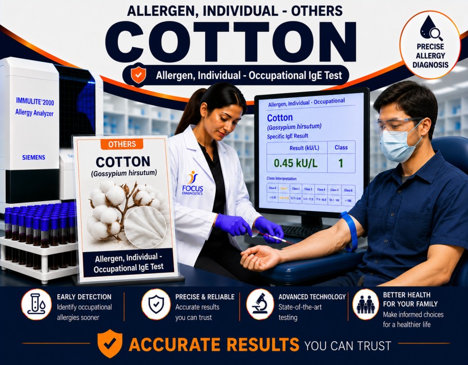 Cotton allergy test showing specific IgE antibody analysis for cotton fiber sensitization, occupational allergy diagnosis, and respiratory hypersensitivity evaluation