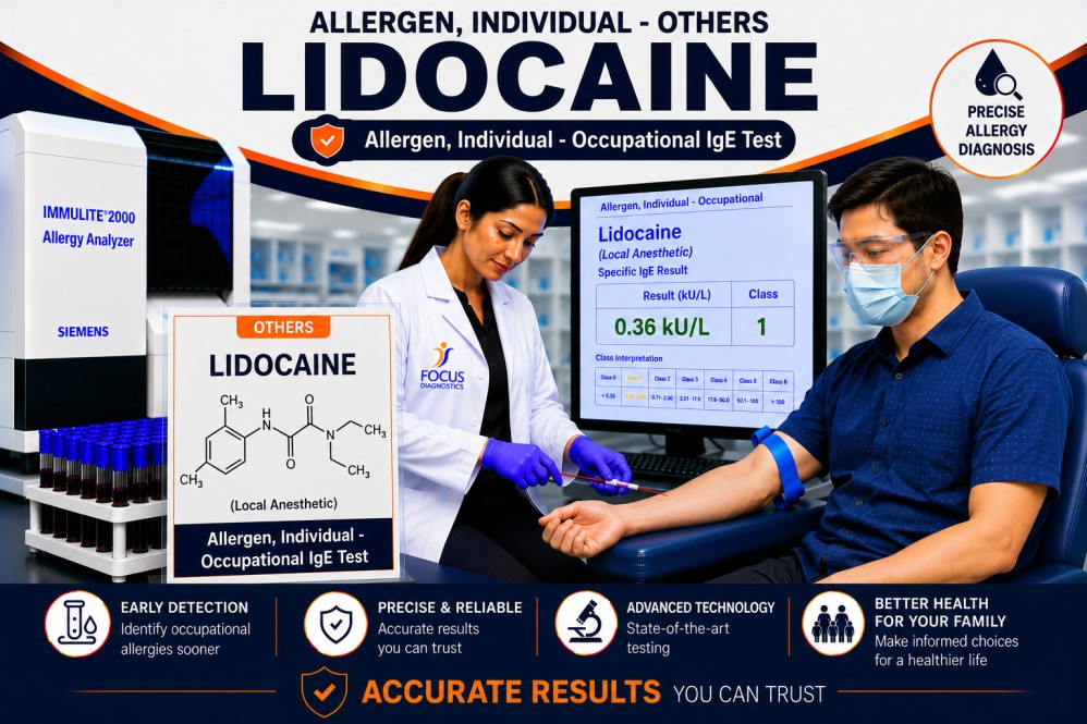 Lidocaine allergy test showing specific IgE antibody analysis for local anesthetic hypersensitivity, drug allergy diagnosis, and anesthesia safety evaluation